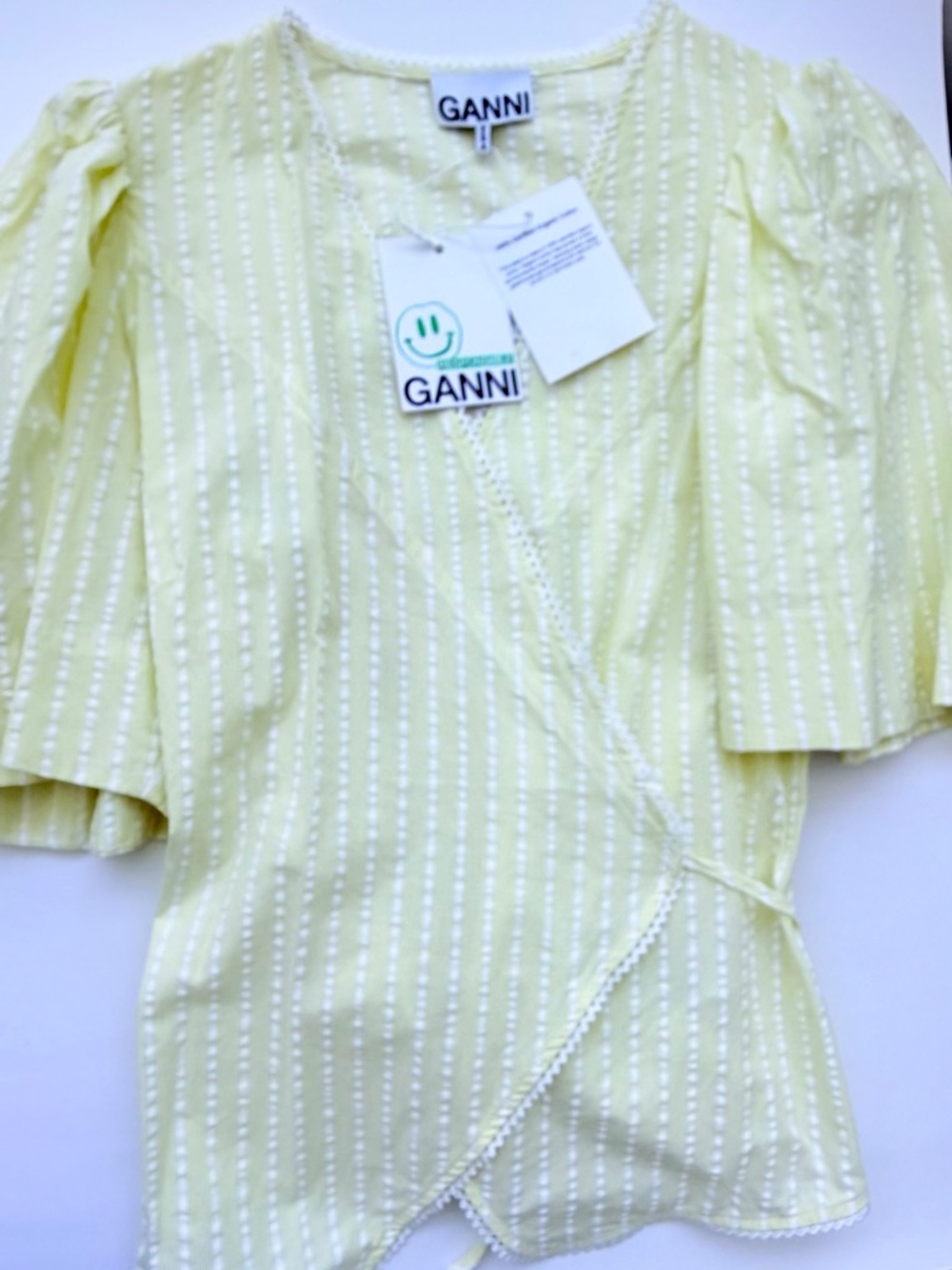 Ganni Yellow striped Organic Cotton Seersucker Wrap top Retai $215 Size 38 F7063
